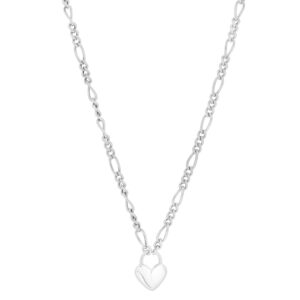 Sterling Silver Rhodium Plated Heart Padlock Figaro Necklace